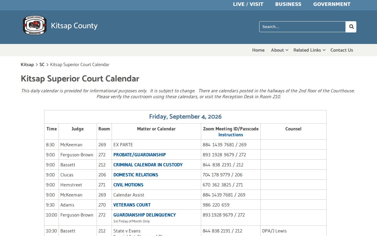 Official Kitsap County Superior Court daily calendar table