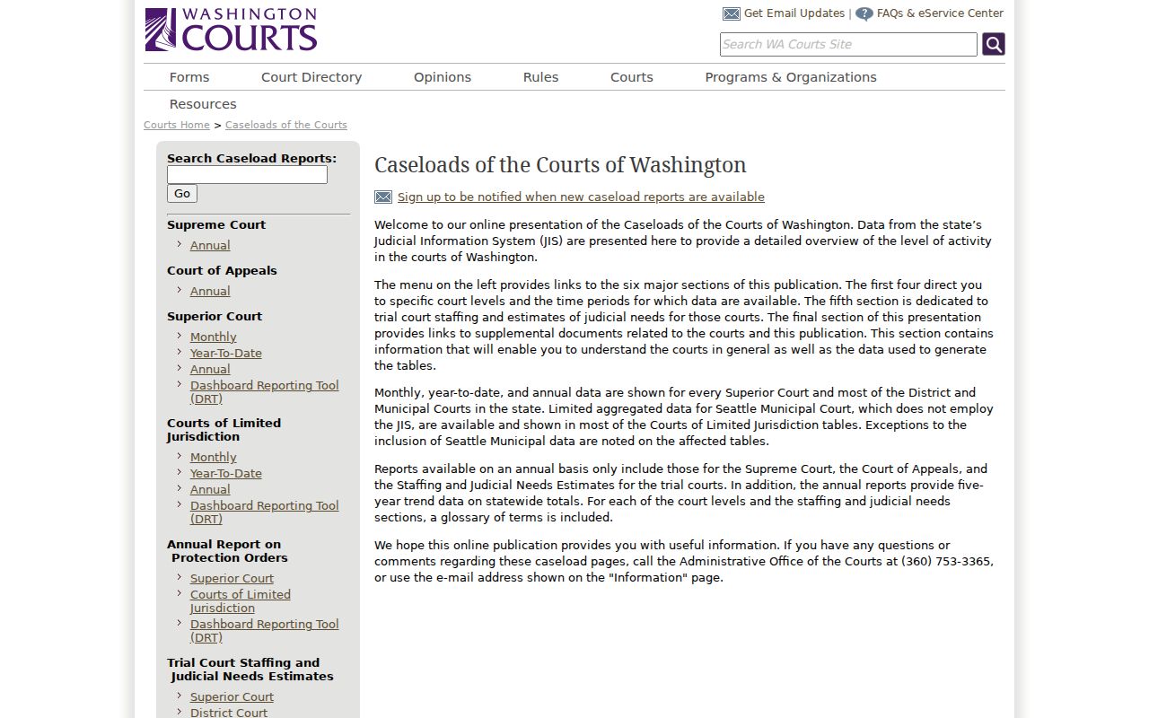 Washington Courts caseload report navigation for Kitsap County civil dockets