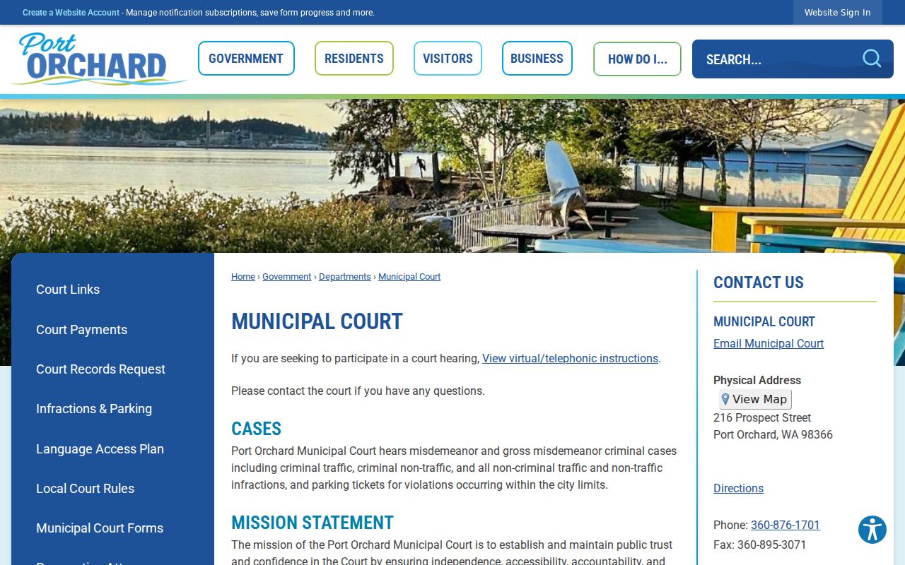 Official Port Orchard Municipal Court page and City Hall court information