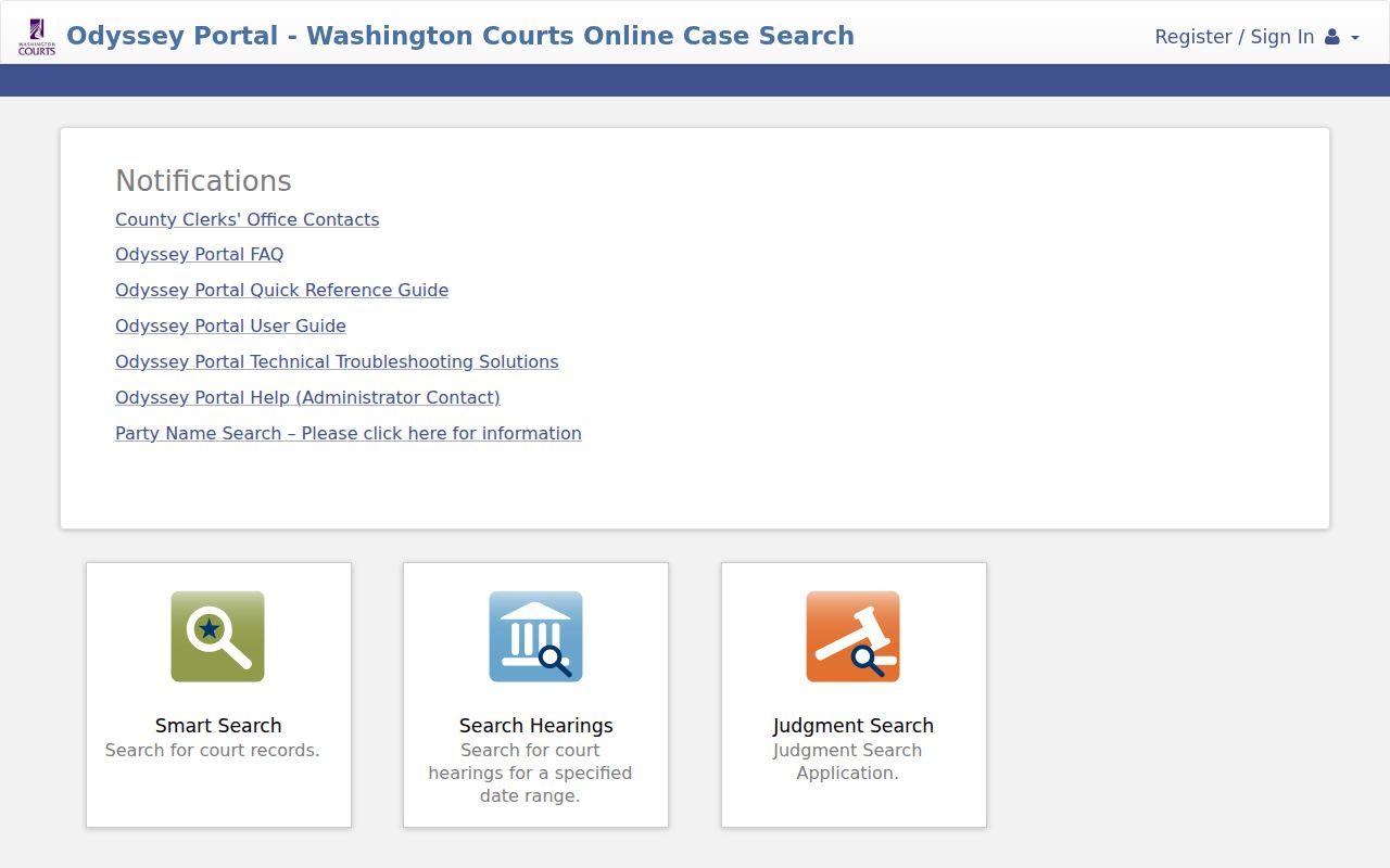 Washington Odyssey Portal search landing page for Kitsap Superior Court cases